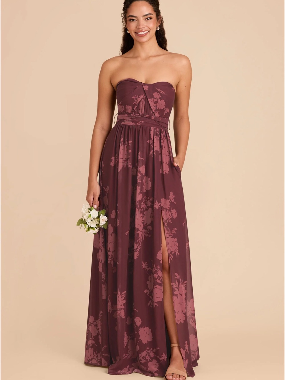 NEW Birdy Grey Grace Dress with Slit Sangria Whimsical Blooms in Chiffon Fabric